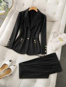 GlowEve CURVE Damen Große Größen Einfarbiger Schwarzer Anzug 2 Stücke Set, minimalistisch pendeltaugliche Mode elegantes Outfit für Date und Alltag, Herbst/Winter