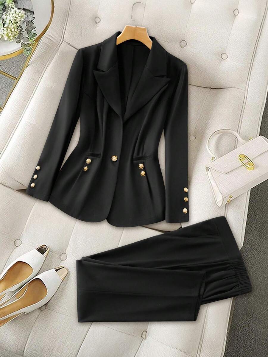 GlowEve CURVE Damen Große Größen Einfarbiger Schwarzer Anzug 2 Stücke Set, minimalistisch pendeltaugliche Mode elegantes Outfit für Date und Alltag, Herbst/Winter