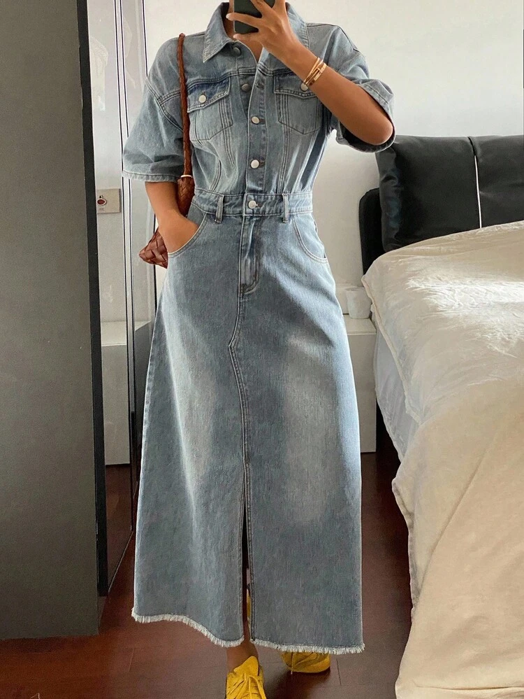 Short Sleeve Slim Fit Polo Collar Waist Cinched Over-The-Knee Casual Denim Dress For Women Maxi Dress