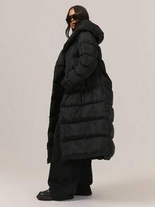 MUSERA 中长款加厚羽绒服，不对称按扣连帽，冬季外套 - 黑色 - 查看 3