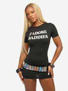 SUMWON WOMEN 棉质女式迷你 T 恤连衣裙 Jadore Baddies 个性印花短袖修身俱乐部之夜派对紧身连衣裙 - 黑色 - 查看 2