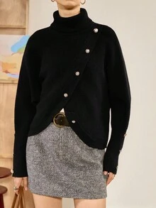 Chiquease pull élégant pour femmes à col montant et manches chauve-souris, couleur unie - Noir - Voir 4