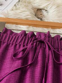 DreamSkyne 大码女式纯色荷叶边腰带宽松阔腿休闲裤 - 玫紅色 - 查看 4