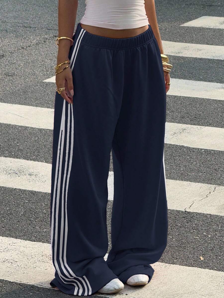 Muchica 女式休闲条纹侧缝海军蓝针织运动裤 - 藏蓝色 - 查看 1