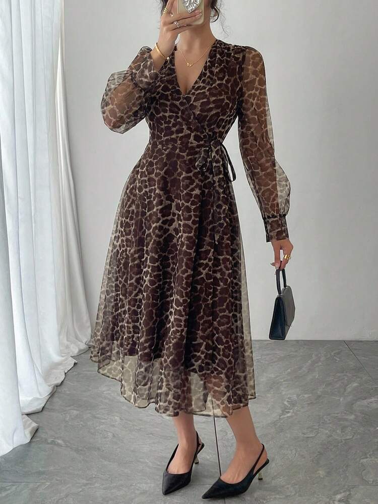 Elegant Leopard Print V-Neck Mid-Length Dress For Women, Autumn Dress