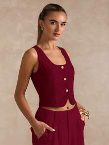 SHEIN BAE Áo vest hở lưng màu trơn gợi cảm thời trang dành cho nữ - Màu Đỏ Sâu - Xem 3