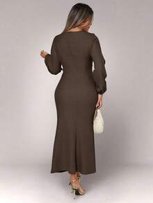 Xyvia Women's Metal Buckle Draped Neck Long Dress - Mocha Brown - View 2