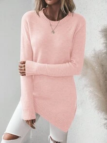 EMERY ROSE Women's Solid Color Round Neck Drop Shoulder Long Sleeve Split Hem Casual Versatile Knit Pullover Sweater - Pink - View 3