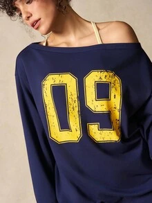 VARSIVA 女式露肩宽松长袖休闲百搭数字图案运动衫 - 藏蓝色 - 查看 7