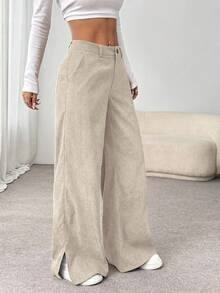 SHEIN Unity 秋冬休闲时尚灯芯绒侧开衩宽松直筒长裤