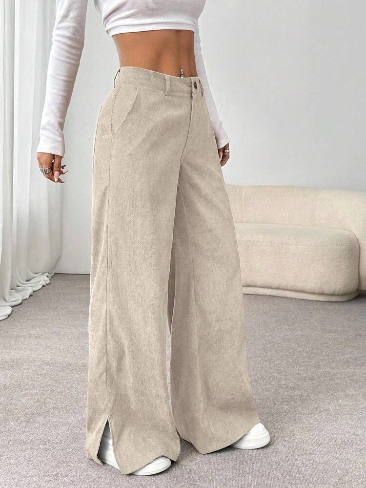 SHEIN Unity Pantalones largos rectos y sueltos con abertura lateral de pana de moda informal para otoño/invierno para mujeres - Albaricoque - Añade 6