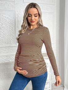 SHEIN Maternity Striped Round Neck Long Sleeve Pleated Fitted Casual T-Shirt Women Long Sleeve Top Coffee Brown Top Brown Top Women Brown Long Sleeve Top Maternity Shirt - Brown - View 4
