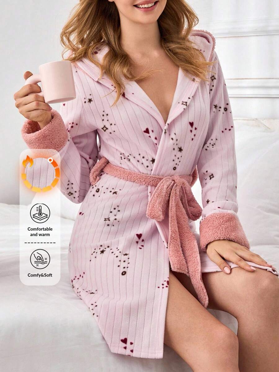 EURMUSE Women Pelush Fuzzy Fabric With Star&Polka Dot Pattern Belted Homewear Comfort Robe - Pink - View 1