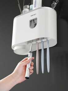 壁挂式牙刷架，带自动牙膏分配器浴室配件套装 - 灰色 - 查看 6