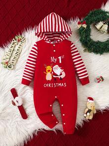 SHEIN Playful Pals Neugeborenen Baby Jungen Lässig Weihnachts-Weihnachtsmann & Rentier Buchstaben Muster Farbblock Langarm Kapuzen-Jumpsuit, geeignet für Weihnachten, Neugeborene, Feste, weiches & bequemes Material