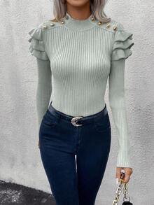 SHEIN LUNE Women's Solid Color Stand Collar Patchwork Ruffle Shoulder Button Design Fitted Pullover Sweater, Autumn - Light Grey - View 4