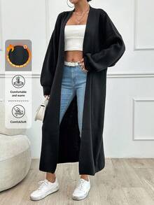 SHEIN Tall Dual Pocket Drop Shoulder Open Front Black Cardigan - Black - View 1