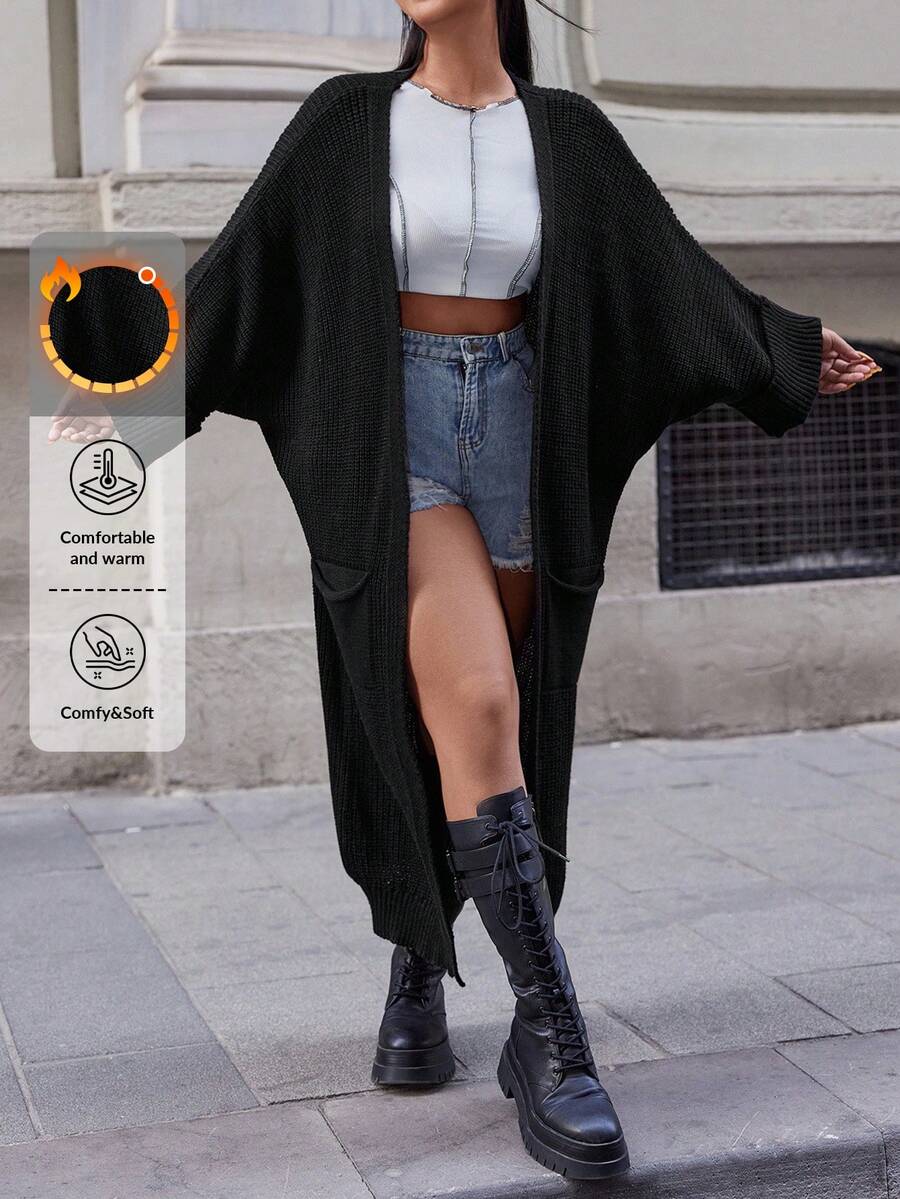 EURMUSE Plus Batwing Sleeve Open Front Cardigan, For Winter - Black - View 1