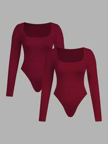 SHEIN Essnce Modische Lässig Business Outfit für Damen in Große Größen, 2-teilig, Schwarz, Burgund, Ankerrot, Mehrteiliger enger Jumpsuit mit Bodycon-Schnitt, Quadratischem Ausschnitt und Langarm