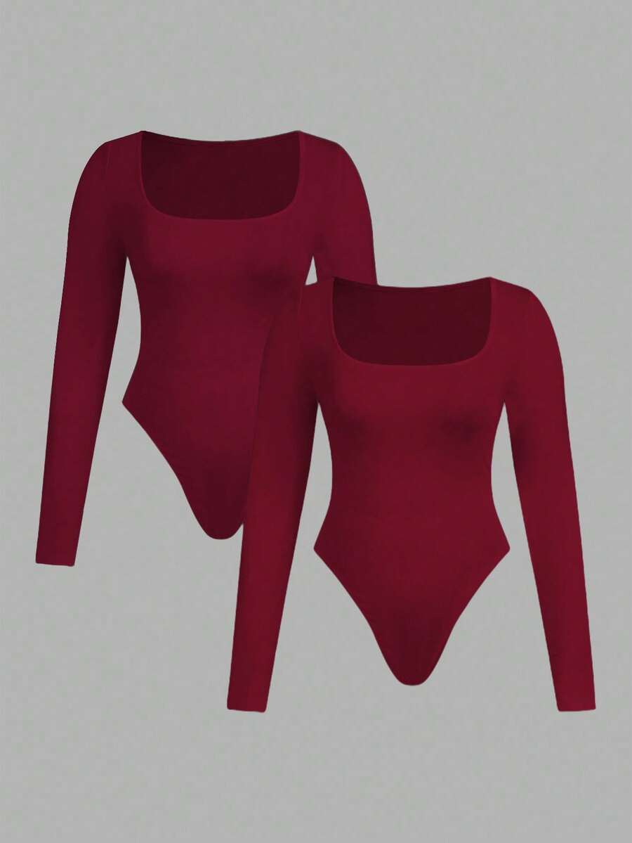 SHEIN Essnce Modische Lässig Business Outfit für Damen in Große Größen, 2-teilig, Schwarz, Burgund, Ankerrot, Mehrteiliger enger Jumpsuit mit Bodycon-Schnitt, Quadratischem Ausschnitt und Langarm