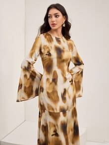 Veilorie Vestido elegante y modesto con estampado de efecto tie-dye en estilo árabe para mujeres - Multicolor - Ver 3