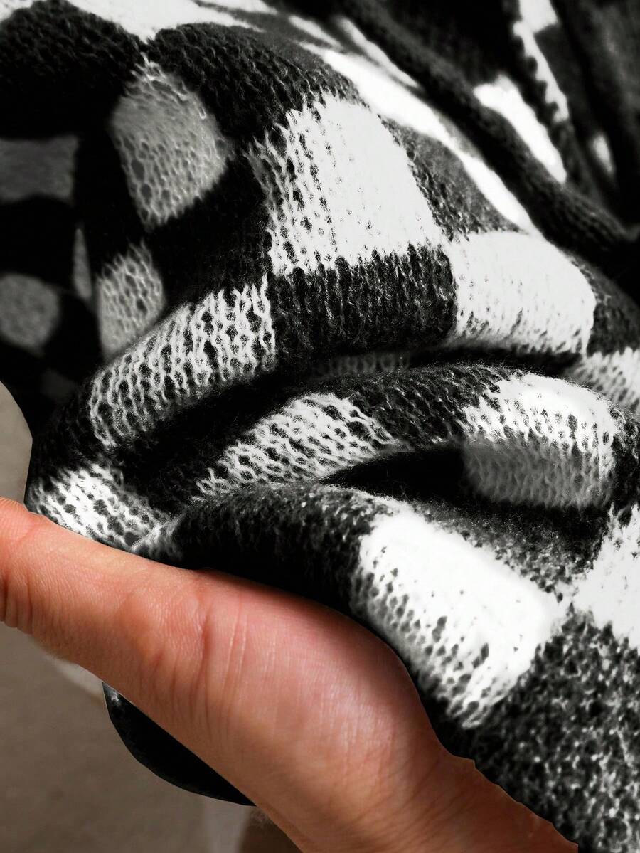 CosyJoli Plus Size Women Casual Checkerboard Lace-Up Cardigan, Autumn/Winter - Black and White - View 1