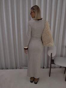 MUSERA 罗纹长袖圆领修身长款连衣裙，街头风可爱优雅休闲性感外出秋季太妃糖色晚宴优雅派对春夏度假装 - 杏色 - 查看 2