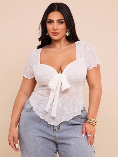 SHEIN BAE 加大码女式黑色纹理网眼蝴蝶结 V 领短袖性感 T 恤，百搭，V 领系带喇叭袖纹理面料长袖休闲度假衬衫，蕾丝短衬衫，7 月 4 日曲线，女士沙滩装，女士机场装，女士节日装，毕业典礼，女士夏装，女士外出上衣，狂欢装，女士性感俱乐部装，女士生日装，女士上衣