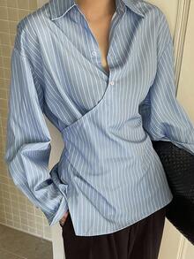 DAZY 新款秋季寬鬆休閒條紋商務休閒女款長袖上衣校園風 - 藍色 - 查看 4