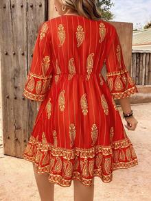 EMERY ROSE Hera Paisley Cashew Flower V-Neck Tie Tassel Print Plus Size Mini Dress - Red - View 2