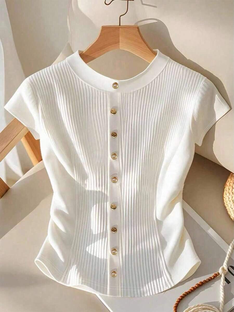 SHEIN LUNE CURVE 女式大码纽扣装饰褶皱针织休闲T恤 - 白色 - 查看 1