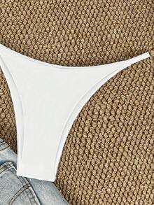 SHEIN Swim 夏日海滩纯色比基尼泳裤 - 白色 - 查看 4