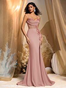 Glamrae Eleganter, luxuriöser Pailletten 3D Blumen Design elastischer geraffter Schlitzrock mit Fischschwanz, geeignet für Hochzeiten, Partys, Urlaub, Galas, formelle Anlässe (schwere Verzierung)