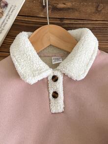 2pcs/Set Baby Girl Cute Dusty Pink Outfit,Plush Collar Long Sleeve Top + Plush Heart Decor Pants,Comfortable Autumn Winter Daily Wear Fall Clothing - Pink - View 4