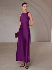 Aveloria Modichic Váy không tay dáng chữ A bằng vải acetate satin hai mặt, viền bất đối xứng, tối giản, thanh lịch dành cho nữ - Màu đỏ tím - Xem 5