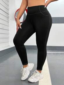 SHEIN EZwear 大码女式高腰休闲日常紧身裤 - 黑色 - 查看 6