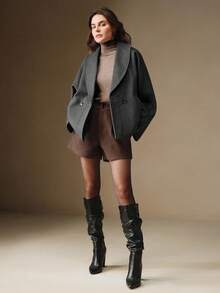 Anewsta 女士秋冬双面羊毛面料时尚百搭纯色宽松羊毛休闲夹克，咖啡色 - 灰色 - 查看 6