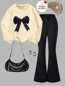 SHEIN 1 Set de Moda Casual para Niñas Preadolescentes, Conjunto Dulce y Lindo con Sudadera Cuello Redondo con Estampado de Lazo Falso y Pantalones Acampanados Negros, Nuevo para Otoño/Invierno, Sudadera Caqui + Pantalones Acampanados, Conjunto de 2 Piezas con Lazo - Multicolor - Ver 3