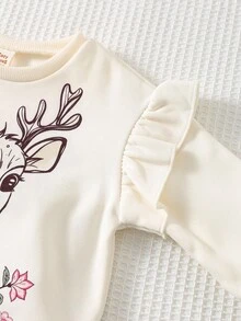 Cozy Pixies 2pcs Baby Girl Cartoon Animal Floral Deer Pattern Knitted Soft Round Neck Ruffle Trim Long Sleeve Sweatshirt & Elastic Waist Slim Fit Flare Pants Set, Suitable For Autumn/Winter, New Year, Indoor, Outdoor, Casual, Skiing, Back To School, Daily, Sports, Play, Party - Multicolor - View 5