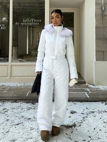 Muchica White Fuzzy Hat & Thick Jumpsuit For Women, Suitable For Playing In Snow In Autumn/Winter