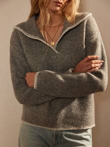 法式复古宽松Polo领长袖针织撞色边饰设计灰色女式套头衫，秋冬 - 灰色 - 查看 1