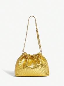 SHEIN SXY 女士、女式单肩包、流浪包、编织压花 PU、金色、时尚、优雅、简约、个性化、多功能、经典、适合通勤、办公室、约会、日常、购物、下午茶 - 金色 - 查看 2