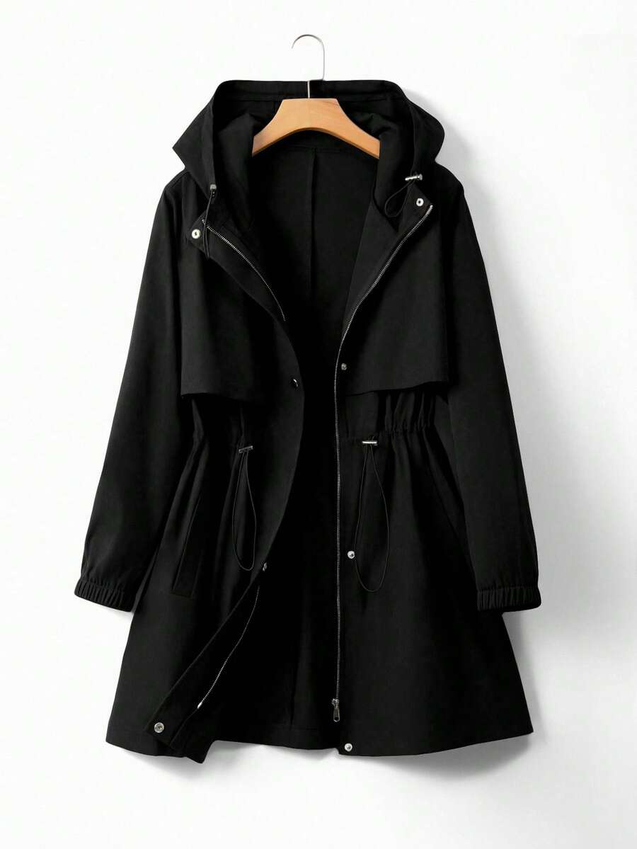 Linhara 大码女式收腰连帽风衣外套，韩版休闲优雅宽松高端夏季外套 - 黑色 - 查看 1