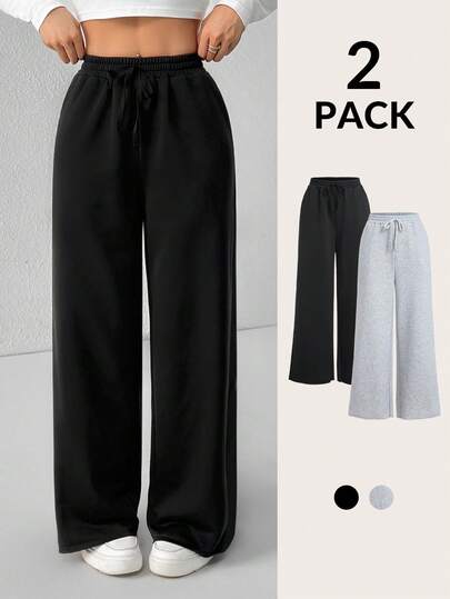 SHEIN 2pcs/Pack Teen Girls Solid Color Drawstring Waist Thermal Lined Wide Leg Sweatpants Set, Autumn/Winter Casual Sports Pants Comfy Pants Sweatpants Pack Wide Leg Sweatpants Girls Fall
