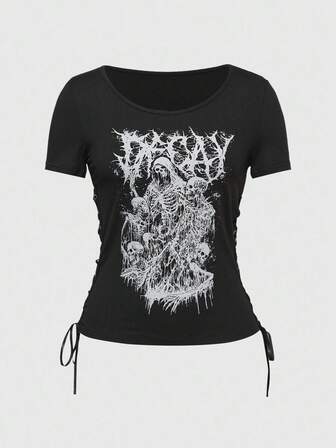 Grunge Punk Gothic Skeleton Print Metallic Trim Decor Women Short Sleeve T-Shirt, Halloween
