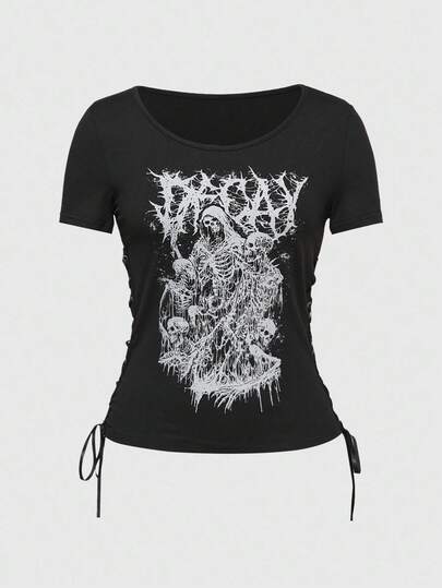 Grunge Punk Gothic Skeleton Print Metallic Trim Decor Women Short Sleeve T-Shirt, Halloween