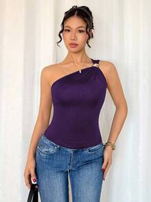 Rafferiza Women's Black Sexy Metallic Pleated Sleeveless Top - Purple - View 6