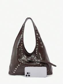SHEIN SXY 女士单肩包，流浪包，时尚，优雅，简约，个性，百搭，经典，通勤，办公，约会，日常，购物，下午茶，街头，甜美酷女孩，辣妹，复古，铆钉，复古 - 咖啡 - 查看 6