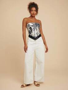 Travachic 女士不对称下摆棕榈树印花时尚抹胸上衣 - 杏色 - 查看 3