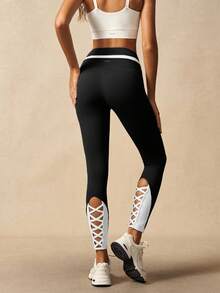 VARSIVA Women's Contrast Color Elastic Waist Criss-Cross Hollow Out Design Sports Leggings Cut Out Legging But Lifting Legging Cross Leggings Black And White Leggings - Black and White - View 5